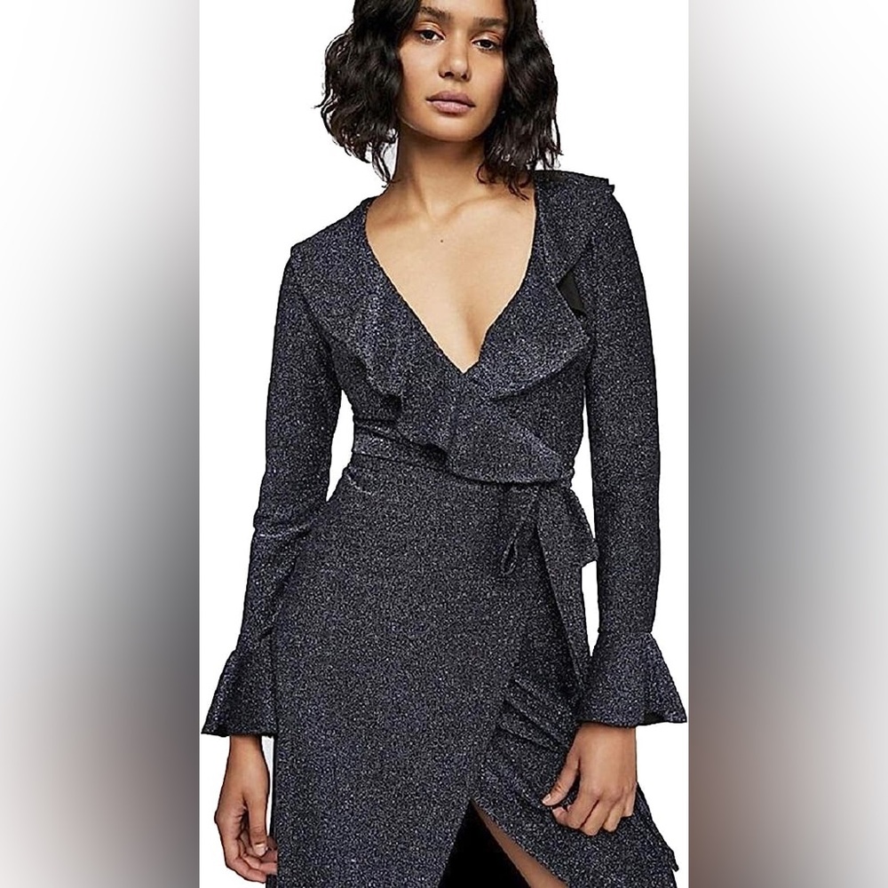 Free People One More Time Navy Metallic Shimmer Wrap Midi Dress